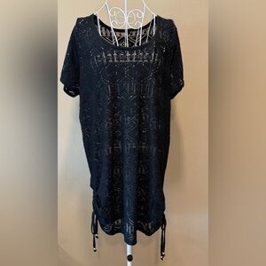 Black Lace Swim Cover Up Dress XL Sheer Ruched Sides Beach Tunic